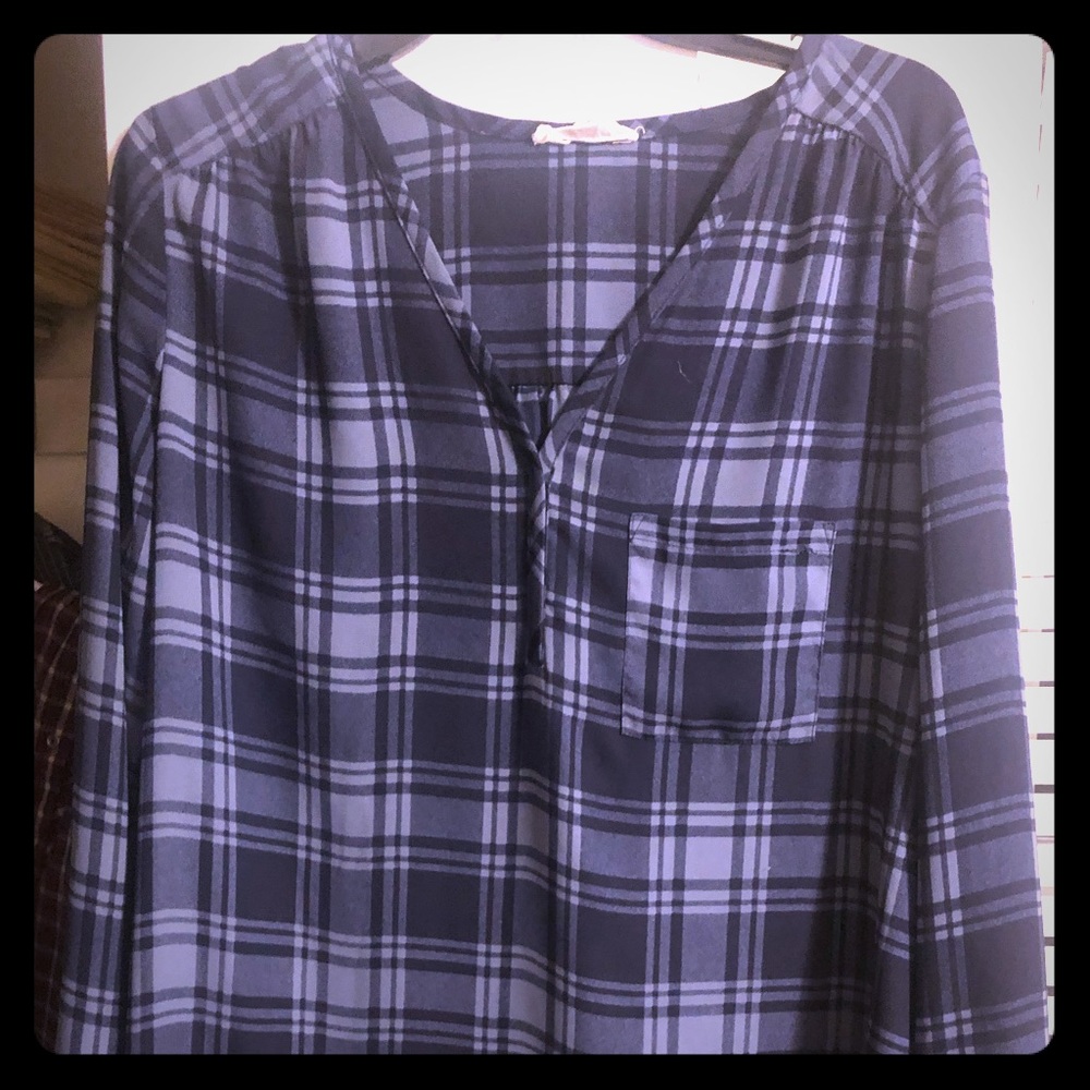 Navy blue & gray plaid blouse